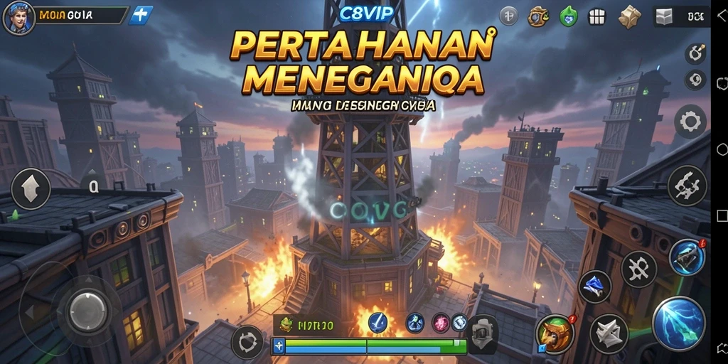 Screenshot C8VIP menampilkan aksi seru dalam pertahanan menara.