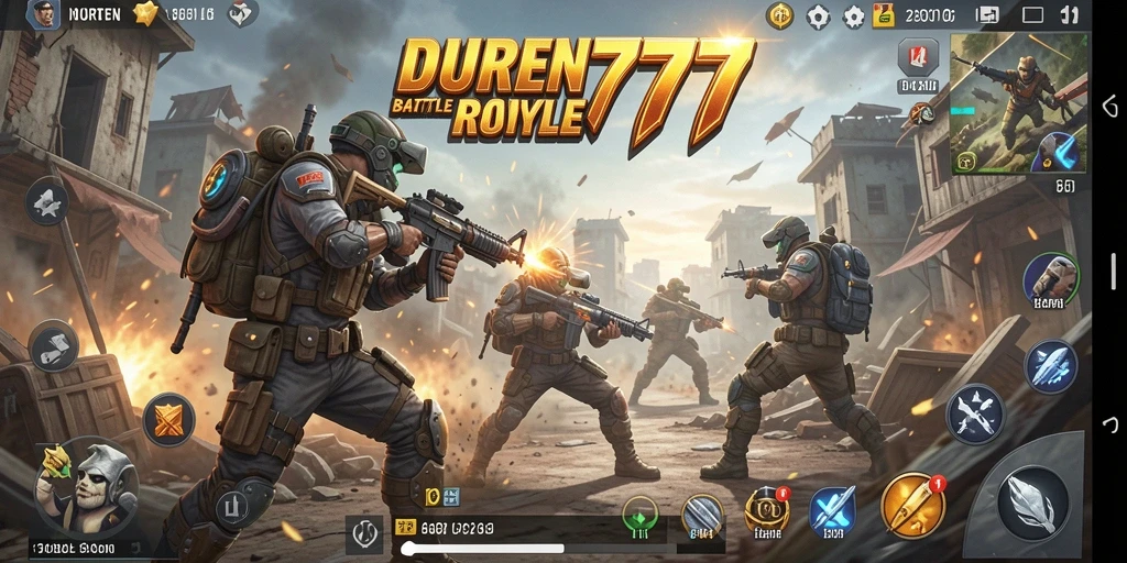 Tangkapan layar gameplay DUREN777 yang menampilkan pertarungan Battle Royale yang intens.