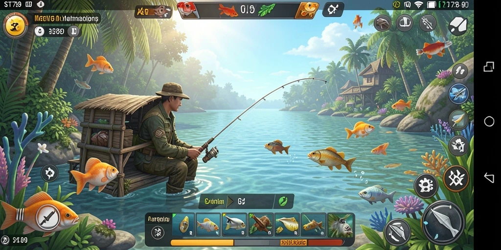 Tangkapan layar dari gameplay ST789 menampilkan aksi memancing yang seru.